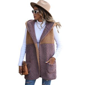 Contrast Open Front Hooded Sherpa Vest